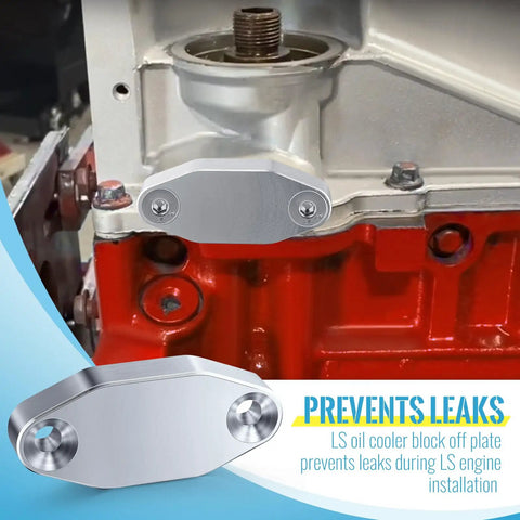 Gen III IV LS Billet Oil Cooler Block Off Plate Silver Finish Seals Oil Pan Prevents Leaks And Delivers Easy Plug And Play Engine Install For LS Builds For Maximum Reliability. silver aluminum plate with screws on LS engine oil pan
