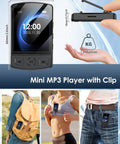 Clip-On 64GB MP3 Player With Bluetooth 5.2 On-The-Go Music Player shown on backpack, sportswear, and jeans for versatility.