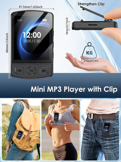 Clip-On 64GB MP3 Player With Bluetooth 5.2 On-The-Go Music Player shown on backpack, sportswear, and jeans for versatility.