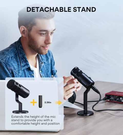 Man using XLR Dynamic Podcast Microphone With Cardioid Pickup, Built In Double Layer Pop Filter, on desk with detachable stand.