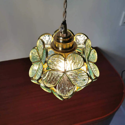 Petals Tiffany Style Stained Glass Ceiling Pendant Light With Eight Inch Lampshade In Textured Aqua Blue Cherry Blossom Finish