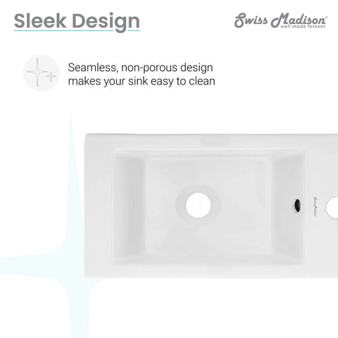 Voltaire Sleek Wall Hung Sink in glossy white, top view showing seamless non-porous ceramic surface for modern bathrooms.