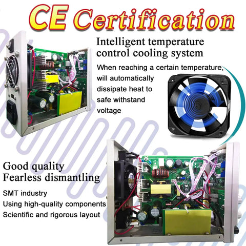 Beefy Adjustable 30V 10A DC Benchtop Power Supply With Encoder Coarse And Fine Knobs Variable Switching Regulated Lab Power Unit USB 5V 2A Charge Port Backlit Four Digit Display For Precise DIY Projects, open chassis with cooling fan