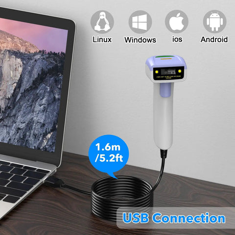 USB 1D Barcode Scanner Handheld Wired CCD Image Scanner That Reads Code 128 UPC EAN From Paper Or Screen connected to laptop