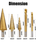 Six Piece High Speed Reaming Pagoda Sawtooth Drill Bit Set With Titanium Plating dimensions against white background
