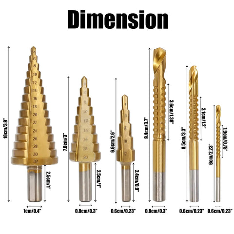 Six Piece High Speed Reaming Pagoda Sawtooth Drill Bit Set With Titanium Plating dimensions against white background