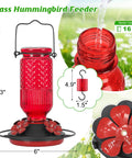 Glass Hummingbird Feeder With Ant Moat And Bee Proof Ports 16 oz outdoor hanging bird feeder, red, with 360 degree perch