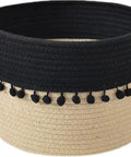 Super Chic Woven Storage Baskets Set Of Three Soft Cotton Rope And Straw Organizer Containers With Durable Handles And Tassel Details, black and beige woven basket.