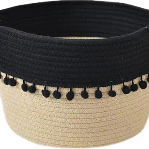 Super Chic Woven Storage Baskets Set Of Three Soft Cotton Rope And Straw Organizer Containers With Durable Handles And Tassel Details, black and beige woven basket.