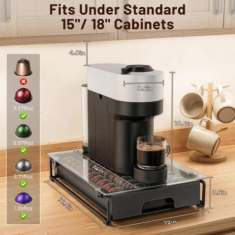 3 Inch Slim Crystal Glass Coffee Capsule Organizer Drawer For Nespresso Vertuo Pods Holds 24 Pods NP06 Tempered Glass With Easy Access