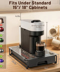 Slide Out Glass Coffee Pod Drawer With Rollers And Brake for Nespresso VertuoLine Pods under 15 to 18-inch cabinet with dimensions.