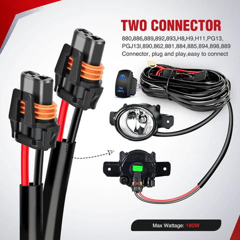 Heavy Duty 12V Fog Light Wiring Harness Kit With 5 Pin Rocker Switch, Relay, Blade Fuse, 16 AWG Wire, Connectors