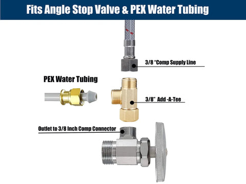 Three Eighths Inch Compression Tee Fittings Water Line Splitter With Angle Stop Add A Tee Brass 3 Way Valve Lead Free DIY Friendly Plumbing Connector For Potable And Non Potable Water
