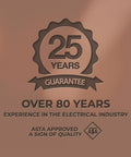 Premium electrical gear guarantee badge with polished copper finish, highlighting 25 years warranty and 80 years industry experience.