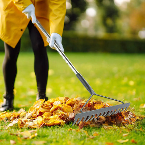 Person using a Sturdy Metal Garden Rake With Extra Long Adjustable Handle 71 Inch 18 Inch Wide Head 14 Tines Leaf Debris Rake For Quick Yard Cleanup Heavy Duty Ergonomic Back Friendly Design For Tall Users to gather leaves on a lawn.