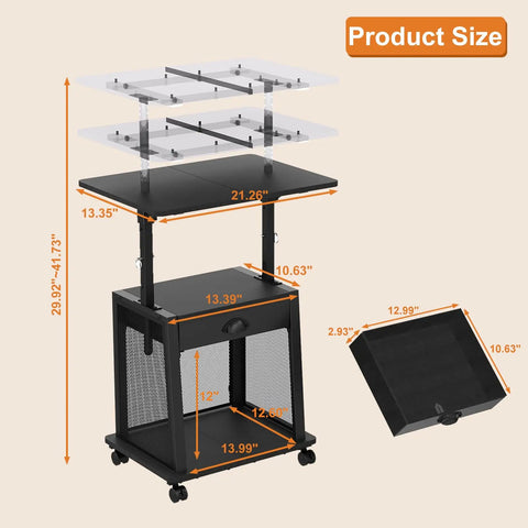 Height Adjustable Standing Desk On Wheels With Drawer And Storage, black portable podium with measurements and caster wheels