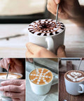 Three images of coffee cups with intricate latte art designs, created using a latte art pen, showcasing detailed patterns on frothy coffee surfaces.