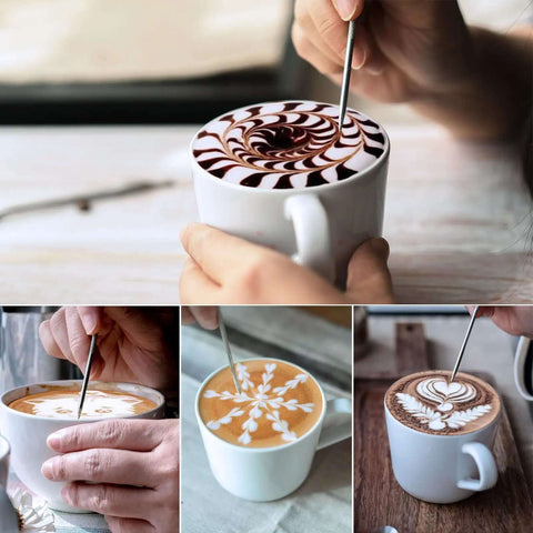 Three images of coffee cups with intricate latte art designs, created using a latte art pen, showcasing detailed patterns on frothy coffee surfaces.