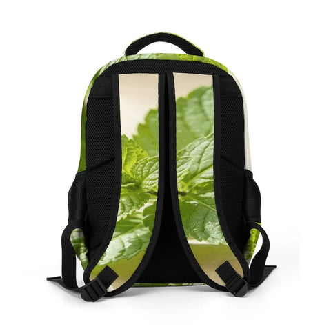 Back view of Green Mint Herb Printed Unisex Backpack With Large Capacity, breathable straps, and trendy design for school or travel.