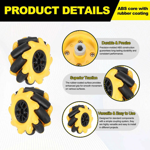 MECCANIXITY 2-pack Mecanum wheel set: yellow ABS wheels with black rollers for omnidirectional robot cars.