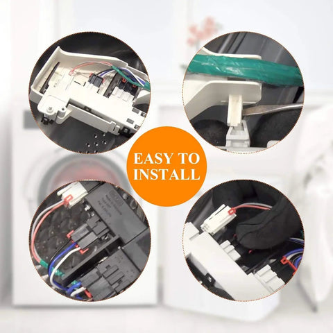 Four close-up views of internal components of Heavy Duty Washer Door Lock Switch Replacement For Front Load Washers Replaces 461970200692 8182634 DC64-00519B DC64-00519D OEM Compatible Repair Part With No Fuss Quick Install.