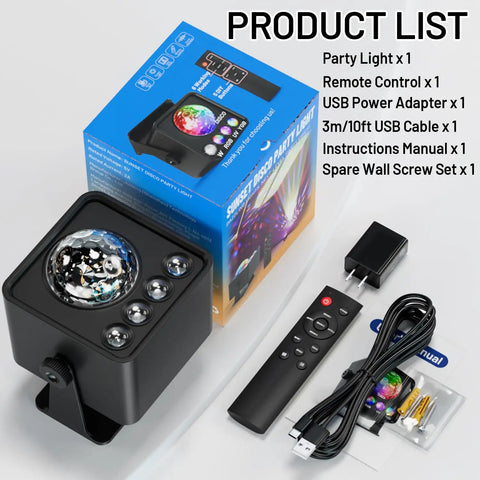 Disco Ball Party Lights 5 In 1 Sunset Light System with remote, USB power adapter, cable, manual, and package box