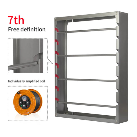 Heavy-Duty Wire Spool Rack Wall Mount With Four Adjustable 5/8 Inch Rods, gray steel frame for industrial storage.