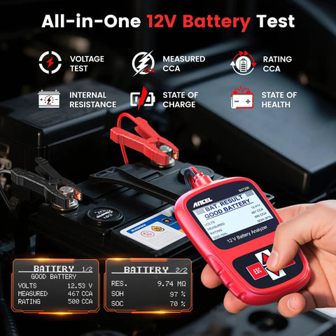 BST200 12V Car Battery Tester With Beefy Clamps, 100-1100 CCA Digital Battery Analyzer For Cars, Trucks, SUVs, Motorcycles, Boats And Marine Vehicles Today. red handheld tester on a car battery