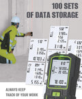 Man using Dual Laser Distance Meter with 393 ft range, showing measurements and data storage capability on construction site.