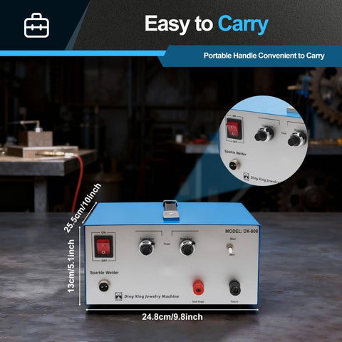 Pro Grade 110V Portable Spot Welder Kit With Pedal Switch front view showing controls and dimensions