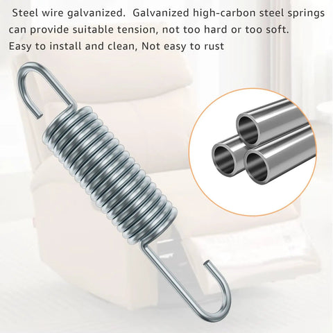 Straight Up Heavy Duty Replacement Recliner Chair Tension Springs With Long Neck Hook Style And Forty Five Degree Bend, Hella Durable Galvanized Steel Wire For Quick Furniture Mechanism Repair, Pack Of Two, close-up of galvanized steel spring.