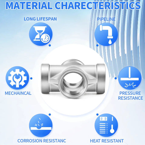 304 Stainless Steel Four Way Cross Pipe Fitting With Three Eighths Inch NPT Female Threads, features and material characteristics.