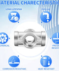 Infographic of a 304 Stainless Steel Pipe Fitting 4 Way Cross NPT Female Threads Three Eighths Inch for corrosion resistance and durability.