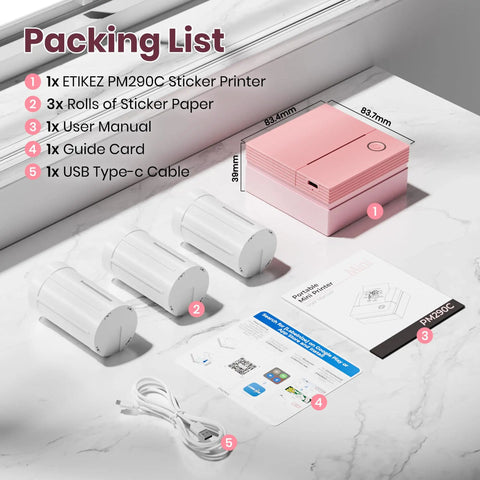 PM290C Portable Mini Sticker Printer Inkless Bluetooth Maker With Three Rolls Of White Thermal Sticker Paper, Pink packaging.