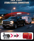 OOGKA wireless trailer lights kit front view; black pickup towing white trailer, 7-pin RV plug, 100 ft range.