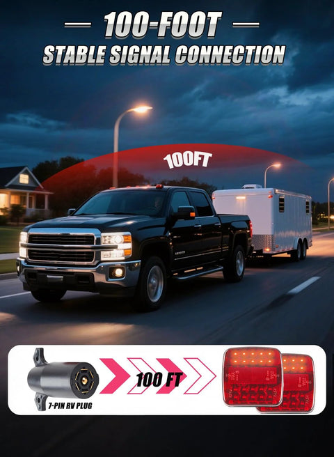 OOGKA wireless trailer lights kit front view; black pickup towing white trailer, 7-pin RV plug, 100 ft range.