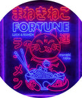 Maneki Neko Ramen Neon Sign With Dope Dual Color LED Lights, handmade lucky cat wall decor, Japanese style in red and blue glow.