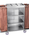 Straight Up Heavy Duty Three Tier Cleaning Cart With Two Roomy Cabinets And Smooth Rolling Wheels For Hotel Housekeeping Hustle, brown fabric bags.