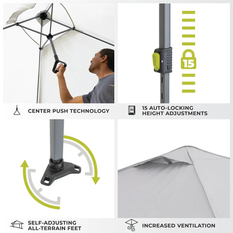 13 Ft By 13 Ft Instant Pop Up Canopy Tent features displayed including center push setup, height settings, and ventilation.