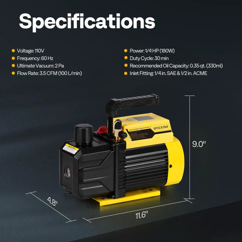 Heavy Duty 1/4 Hp 3.5 Cfm Hvac Air Conditioning Vacuum Pump Featuring Single Stage Rotary Vane Design That Runs No Sweat With 110V Power with dimensions shown.