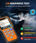 All In One OBD2 Scanner With Battery Tester And Live Data showing I/M readiness test results on screen.