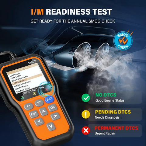All In One OBD2 Scanner With Battery Tester And Live Data showing I/M readiness test results on screen.