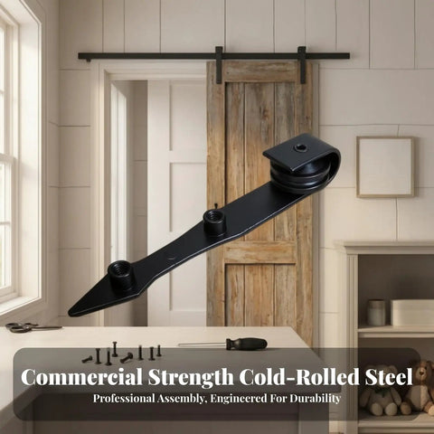 Slick Rolling Matte Black Barn Door Rollers With Three Threaded Mounting Posts For Straight Up Solid Interior Sliding Doors And Dead Quiet Tapered Hardware, displaying cold-rolled steel roller in indoor setting.