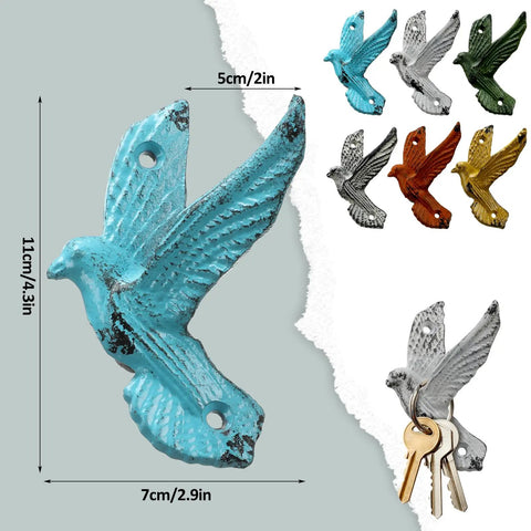 Set Of Six Slick Flying Bird Cast Iron Wall Hooks Featuring Hella Distressed Rustic Finish Decorative Mounted Hanging Hardware in blue