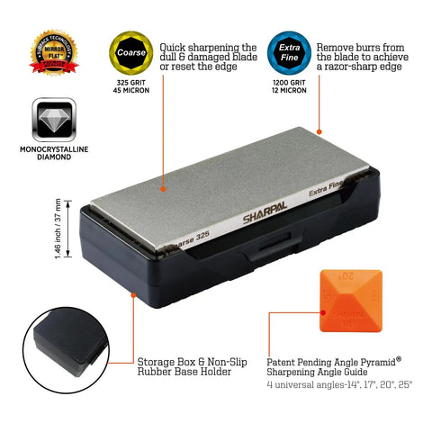 Double Sided Diamond Knife Sharpener Stone With Coarse 325 Grit And Extra Fine 1200 Grit, Storage Case With Non Slip Base And Angle Guide