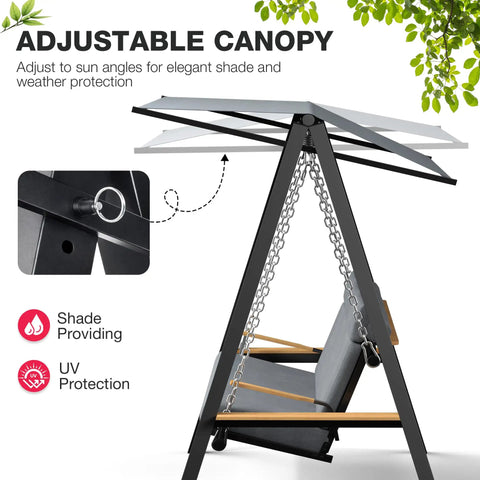 Three To Four Seat Porch Swing With Stand For Backyard Lounging shown with adjustable canopy, highlighting shade and UV protection features.