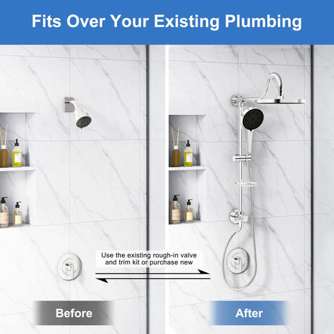 Before and after of 9 Inch Rainfall Shower Head And Handheld Showerhead Combo With Slide Bar In Brushed Nickel installed
