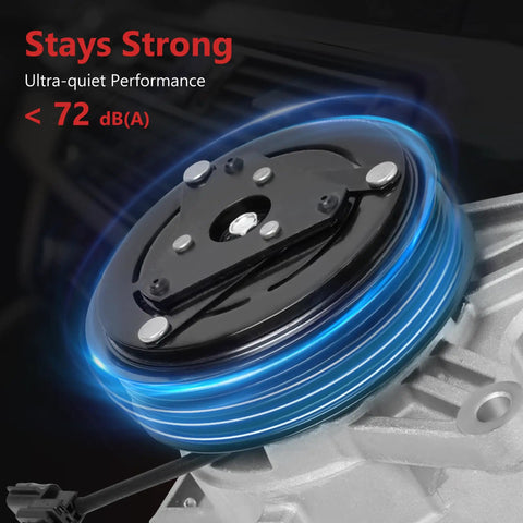 Fresh Drop In AC Compressor With Clutch Easy Direct Bolt On For Nissan Murano Maxima Pathfinder Quest 3.5L V6 2009 To 2015 Infiniti Jx35 Qx60 close-up of sealed clutch with blue light effect.