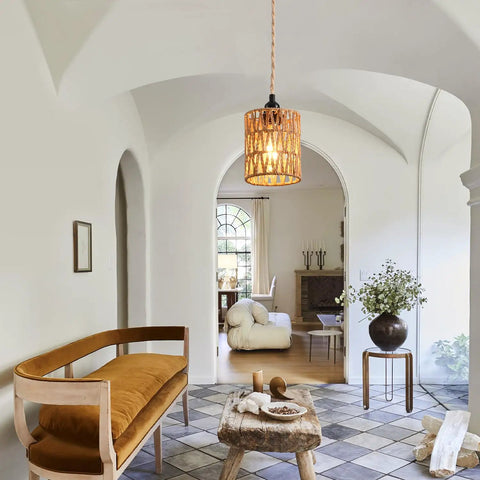 Plug And Play Pendant Light Hand Braided Natural Hemp Rope Hanging Lamp Industrial Farmhouse Style With Toggle Switch For Dining Room Kitchen, suspended in a cozy entryway.