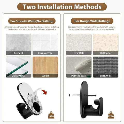 Installation methods for No Drill Curtain Rods, showing adhesive mount for smooth walls and drill option for rough walls.